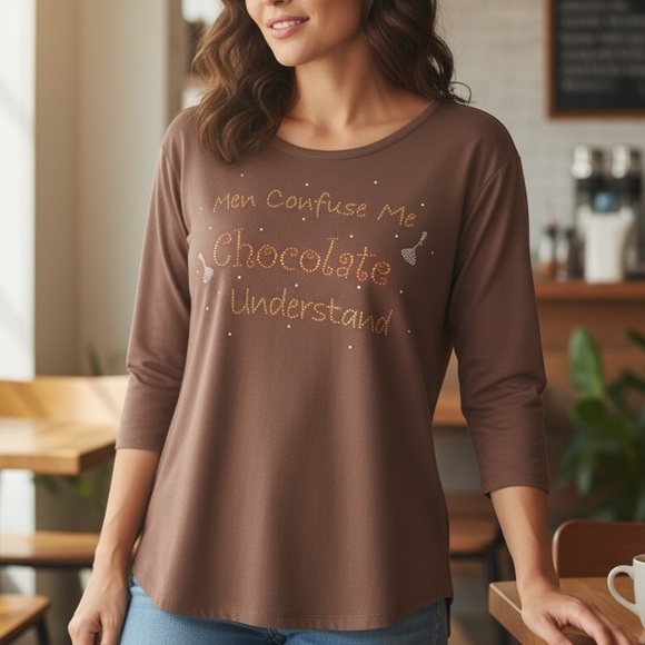 Cactus Bay Womens LOVE CHOCOLATE Bling Brown Top Shirt XL New - Picture 1 of 5